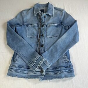 RtA Denim Jacket Blue Jean Light Wash Zip Front Button Down Distressed Hem Small